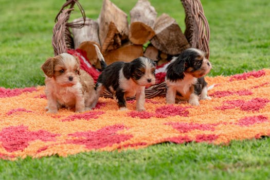Three adorable puppies on a vibrant rug, next to a wicker basket outdoors.
